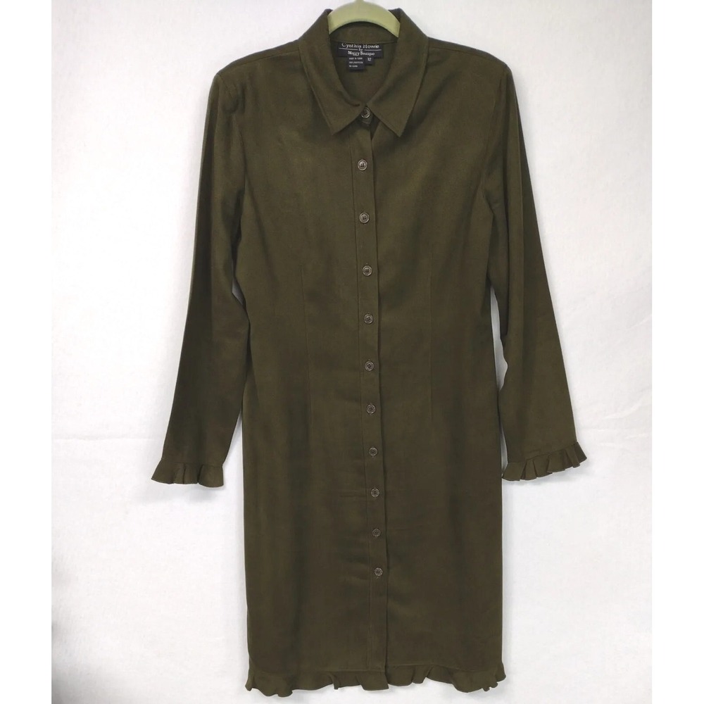 Maggy Boutique Women 12 Button Up Dress Olive Green Cynthia Howie Vintage Ruffle